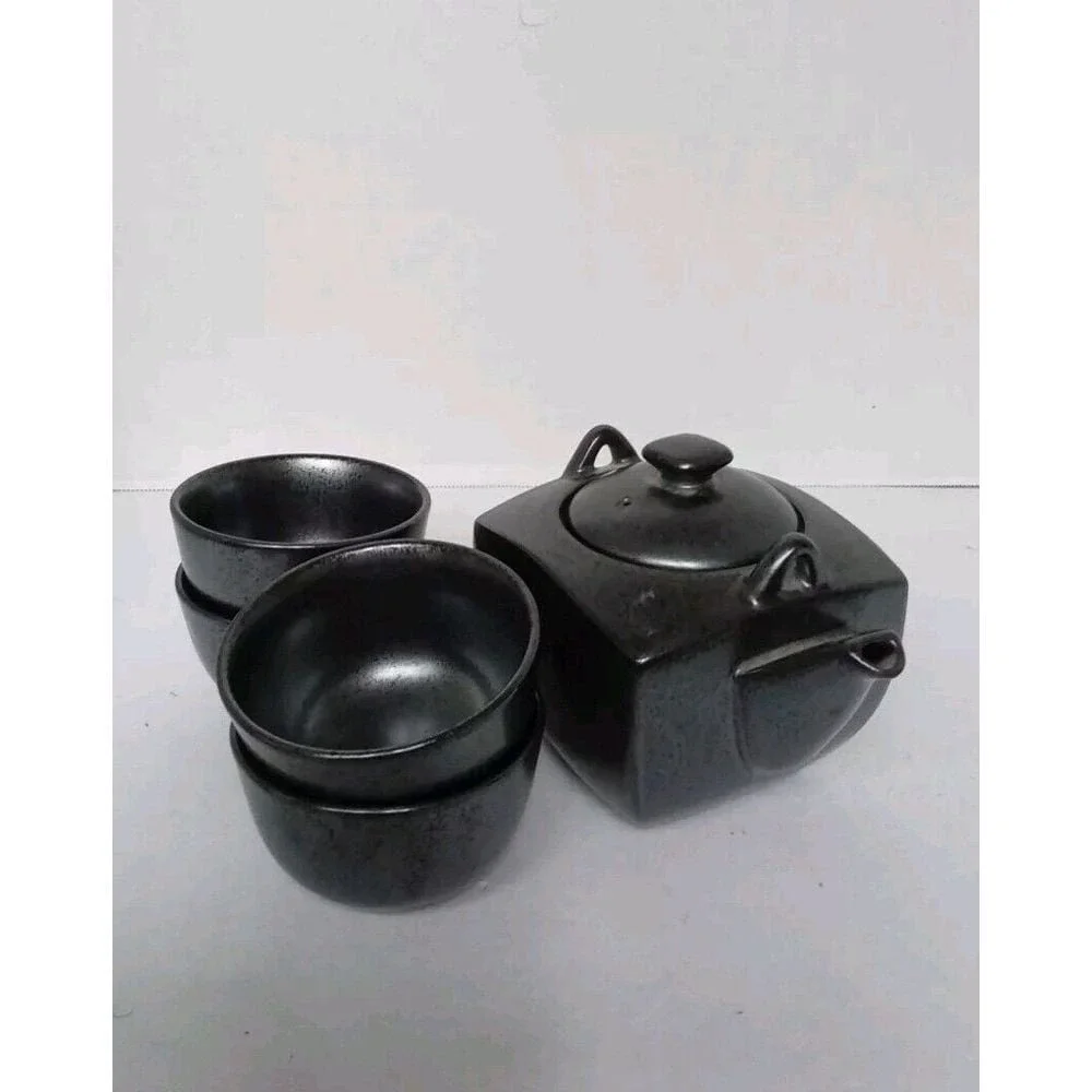 Matte Black Ceramic Tea Set 5pc Square‎ Teapot and 4 Tea Cups Minimalist Modern